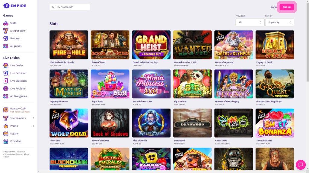 Slot Games and Live Dealer Games to play on Empire.io Bitcoin Online Casino
